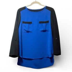 Cobalt Blue color block Black rolled up Sleeve Top blouse boutique size medium